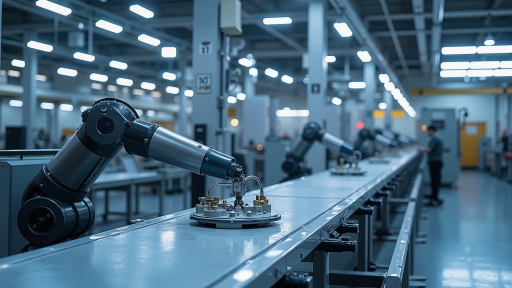 现代化工厂车间内部，自动化生产线运行中，机器人手臂正在进行精密操作