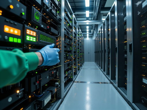数据中心内部场景，整齐排列的服务器机柜，指示灯闪烁，技术人员正在监控屏幕